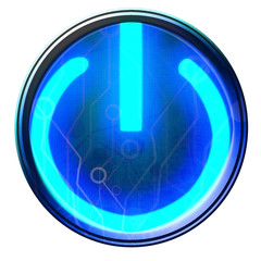 Blue glowing power button on a white background