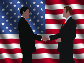 business men shaking hands with rippled American flag