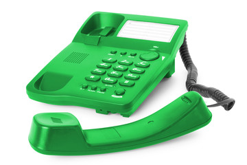 green telephone with receiver isolated on white