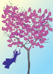 pink tree and girl on swing