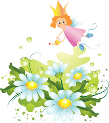 vector illustration of fairy watering a flowers