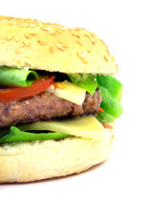 Close-up view of a typical hamburger over white background.