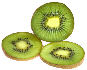 split kiwi fruit and two slices isolated on white background