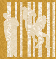 Three silhouettes on yellow background of style the Renaissance