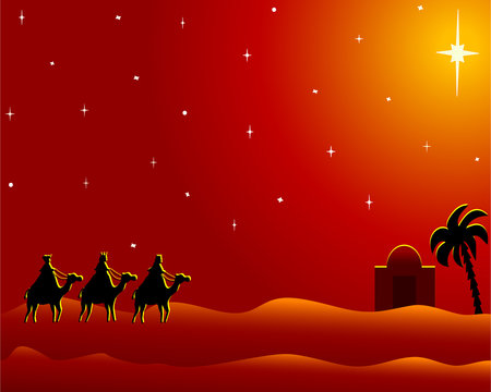 postal de navidad en rojo: reyes magos hacia belen