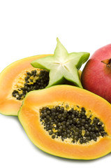 fresh exotic fruits on white background