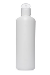 Soap or shampoo bottle reflected on white background
