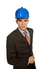 An engineer with blue hardhat, isolated on white