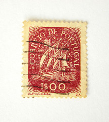 Portgal postage stamp with ship on white background