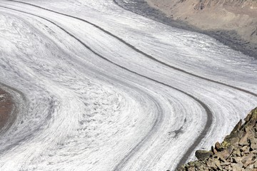 Fototapeta na wymiar Detaillierter Blick bergabwärts auf den Verlauf eines Schweizer Gletschers 