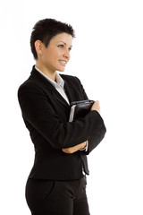 Fototapeta na wymiar Happy businesswoman with notebook, smiling,