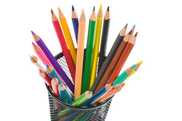 Fototapeta premium Many pencils of different colors on a over white background