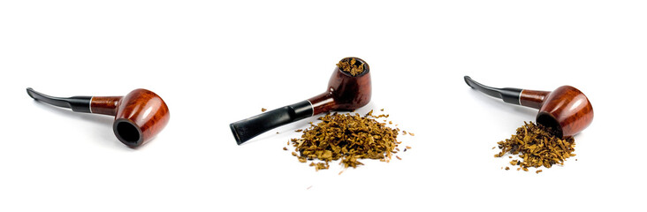 tobacco-pipe and heap of tobacco over white background