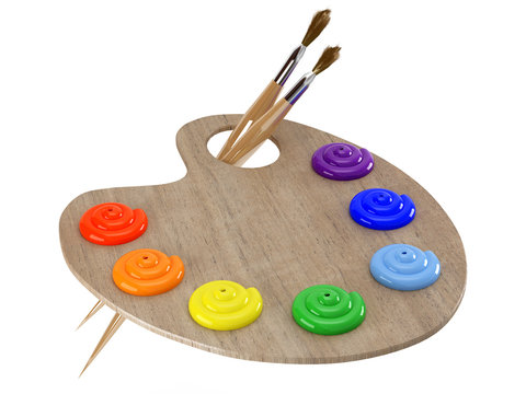 Wooden Palette With Paint And Paintbrushes