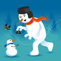 Winter fun  - making a snowman! Vector illustration.