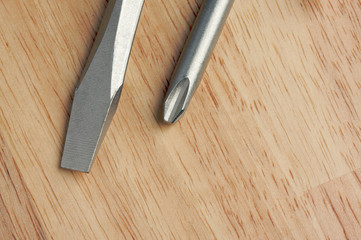 Pair of Screwdrivers on a Wood Background
