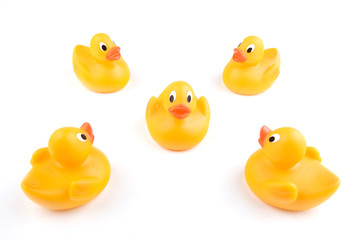 Four juvenile rubber ducks surround a lone individual