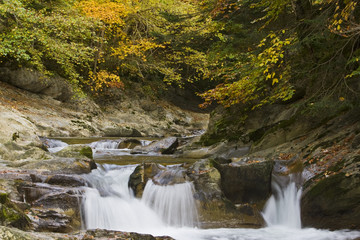 Autumn brook with mini waterfalls flowing in the national park