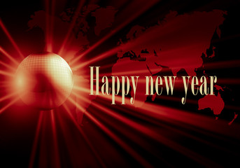 happy new year - disco ball illustration world map and text