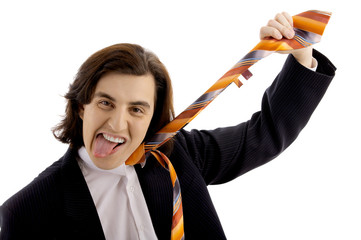 Businessman trying to commit suicide on his tie