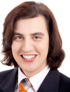 long haired happy man in suit on white