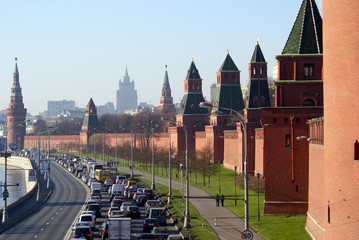Traffic near wall of Kremlin, Moscow, Russia
