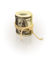 Roll of dollar's banknotes cording with rope