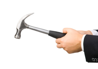 Man hand with hammer. Isolated on white.