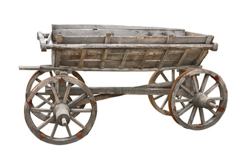 Old wooden wagon isolated on white background with clipping path