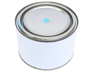 can with blue color against the white background