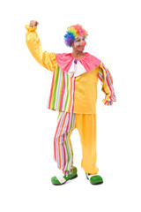 funny and colorful clown making a face on white