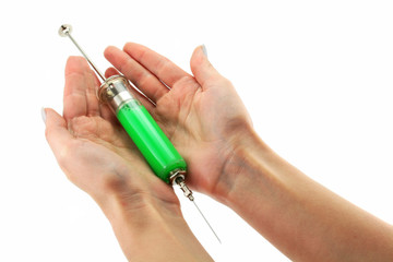 Reusable syringe with acid substance in hands isolated