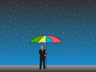 business man holding colourful umbrella with falling rain