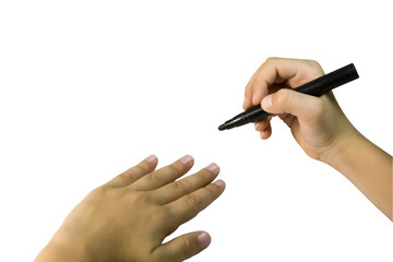 Young boy write letter . Isolated. Copy space