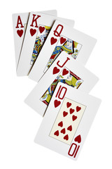 Hearts royal flush isolated over white background
