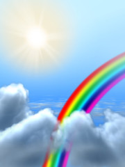 Rainbow passing through some clouds. Digital illustration.
