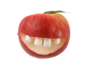 Red smiling apple on a white background.