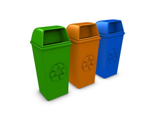 3d image, conceptual, recycle bin - glass, paper, tin