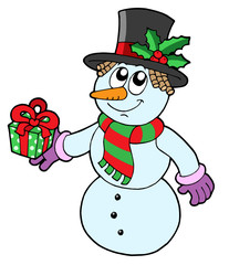 Cute snowman with gift