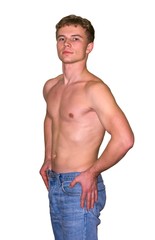 Strong man with naked chest in jeans