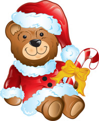 Illustration of a stuffed christmas bear in a santa suit.