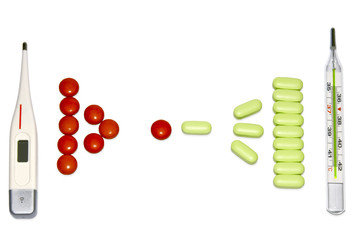 thermometers and pills on white background