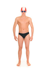Young handsome male athlete, swimmer with goggles