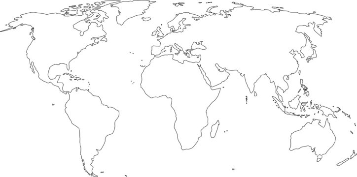 Weltkarte, Outline in schwarz