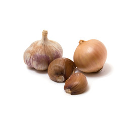 Garlic and onion on the white background