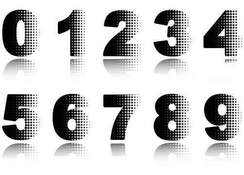 Digits set. Halftone black-and-white vector illustration.