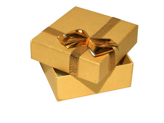 Open golden gift box isolated on white, with clipping path