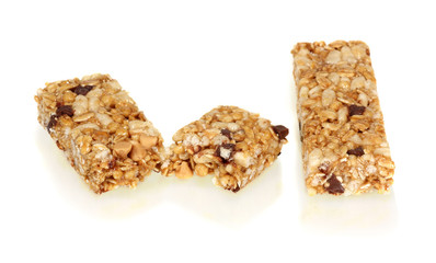 Two chocolate chip granola bars on a white background
