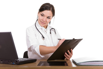 attractive brunette woman at desk. over white background