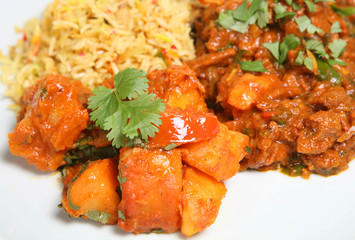 Lamb pathia with Bombay aloo vegetable curry and rice
